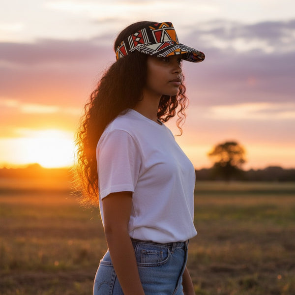Casquettes pare-soleil à imprimé africain - Rouge et orange Bogolan Symbols