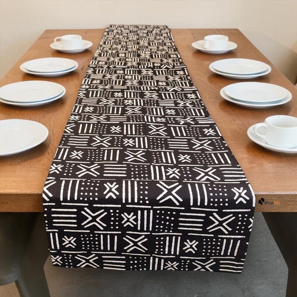 Chemin de table africain / nappe - Noir Blanc X Bogolan