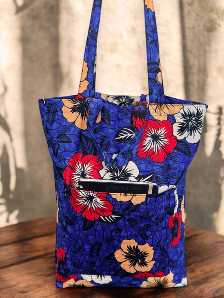 Sac cabas imprimé africain - Bleu Flowers - Sacs fourre-tout / Sac en Toile en coton réutilisable