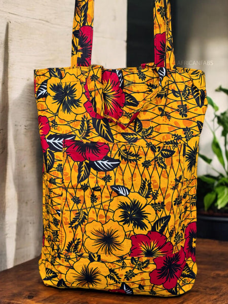 Sac cabas imprimé africain - Jaune Flowers - Sacs fourre-tout / Sac en Toile en coton réutilisable