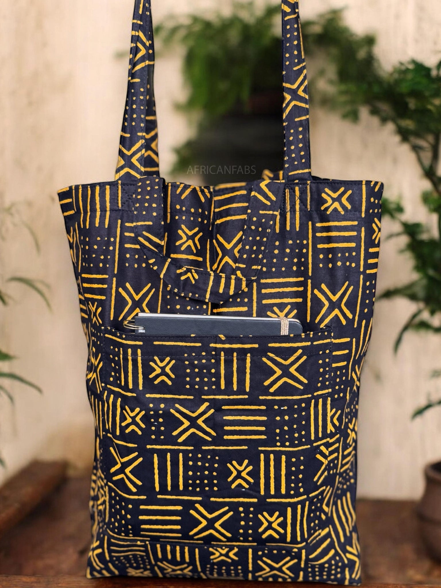 Sac cabas imprimé africain - Noir Jaune X Bogolan - Sacs fourre-tout / Sac en Toile en coton réutilisable