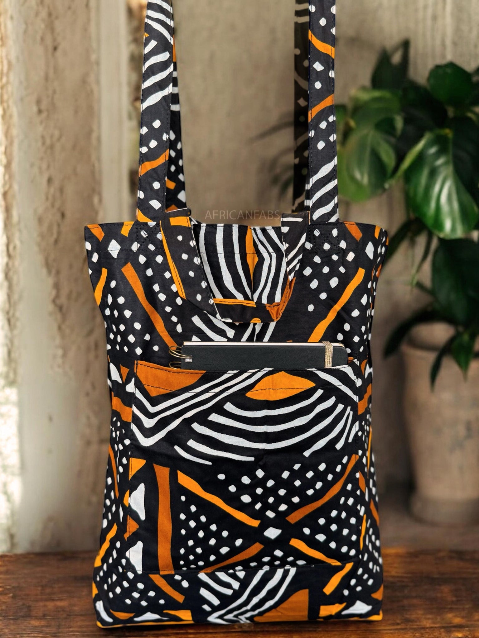 Sac cabas imprimé africain - Noir Orange Bogolan - Sacs fourre-tout / Sac en Toile en coton réutilisable