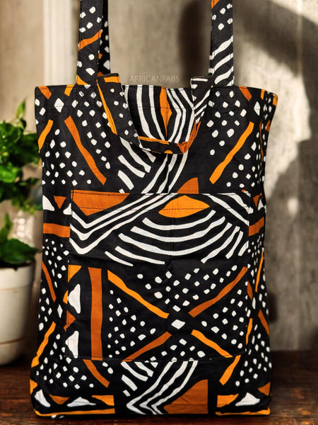 Sac cabas imprimé africain - Noir Orange Bogolan - Sacs fourre-tout / Sac en Toile en coton réutilisable