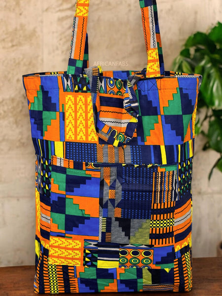 Sac cabas imprimé africain - Bleu Orange Kente  - Sacs fourre-tout / Sac en Toile en coton réutilisable