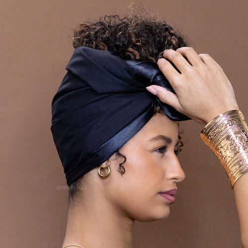 Foulard africain Noir Lin satin - turban wax
