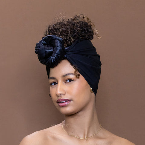Foulard africain Noir Lin satin - turban wax