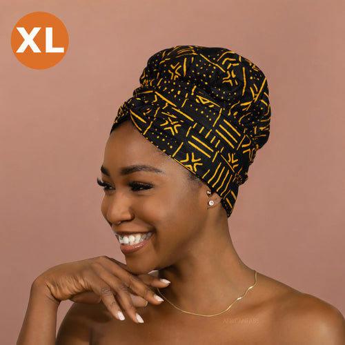 XL Turban facile - Bonnet en satin - Noir x Bogolan