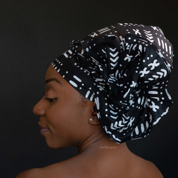 XL Turban facile - Bonnet en satin - Noir Bogolan