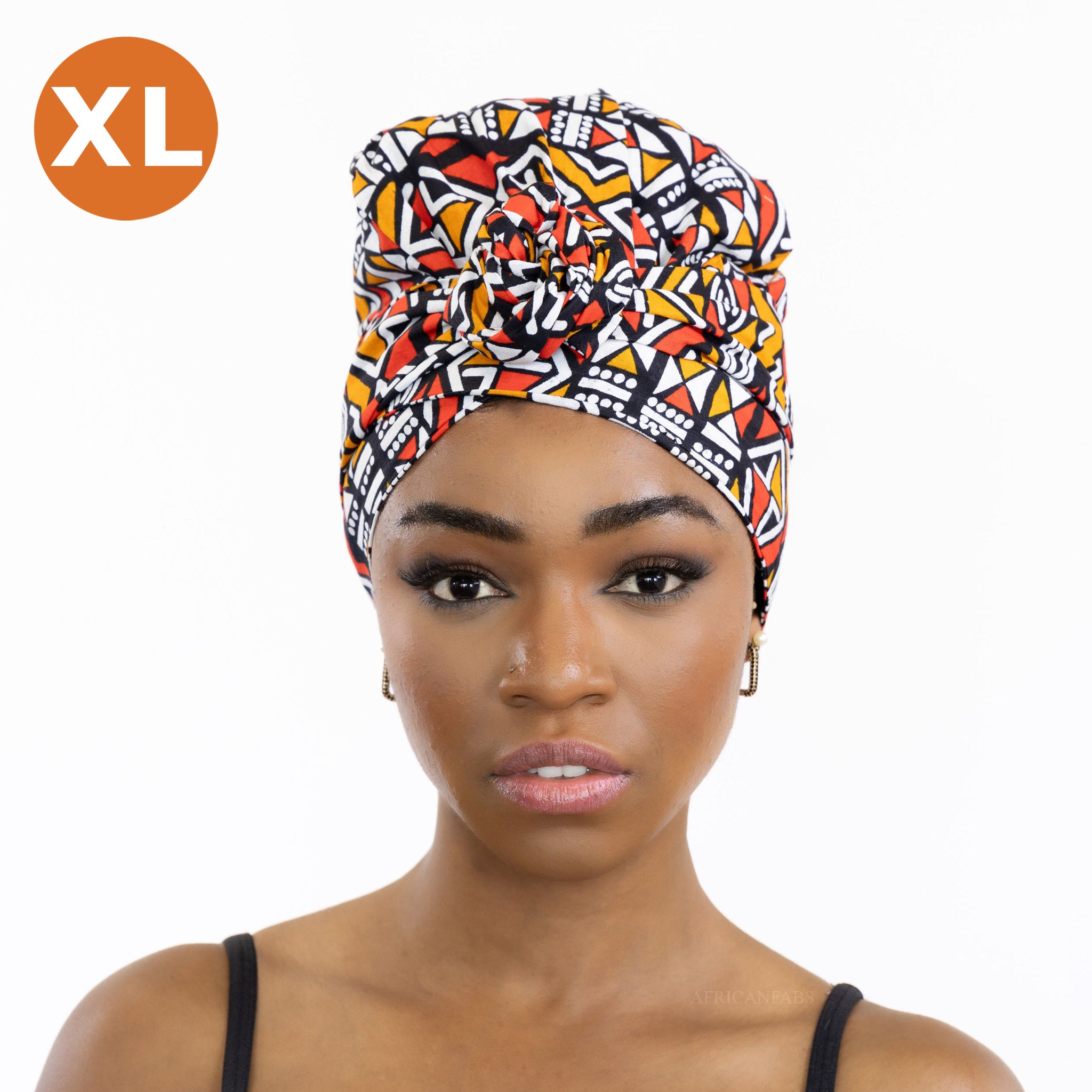 XL Turban facile - Bonnet en satin - Rouge / Orange Bogolan