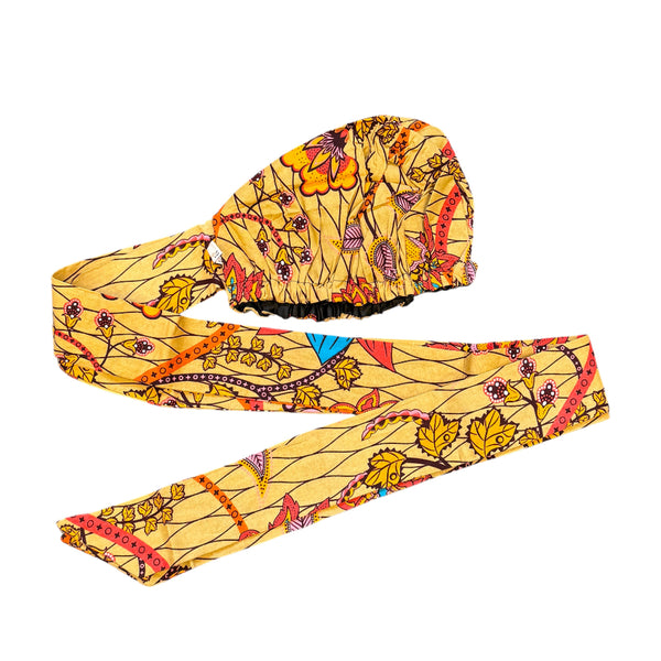 XL Turban facile - Bonnet en satin - Beige Orange Botanical Flow