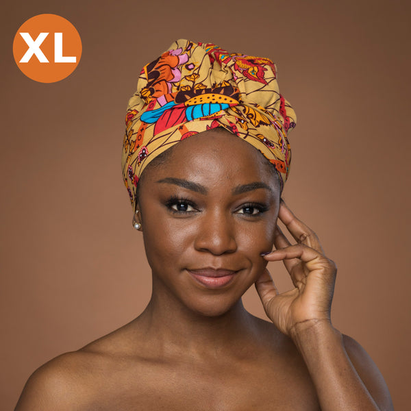 XL Easy headwrap - Satin lined hair bonnet - Beige Orange Botanical Flow