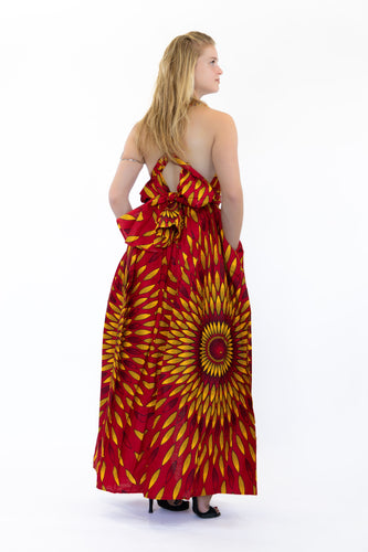 Robe longue multiway Infinity à imprimé africain rouge/jaune soleil