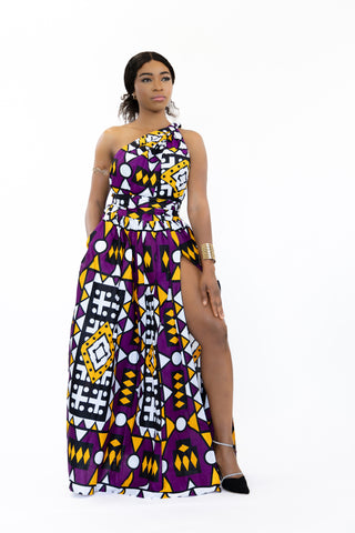 Robe longue multiway Infinity à imprimé africain Violet Jaune Samakaka