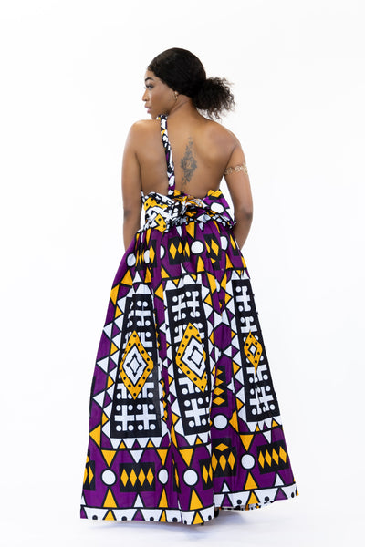 Robe longue multiway Infinity à imprimé africain Violet Jaune Samakaka