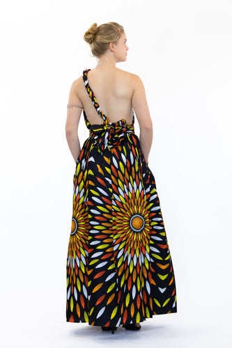 Robe longue multiway Infinity à imprimé africain Noir / jaune sunburst