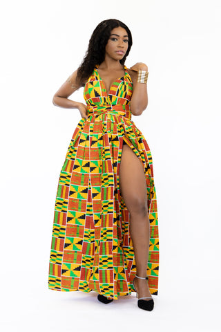 Robe longue multiway Infinity à imprimé africain Orange / vert Kente