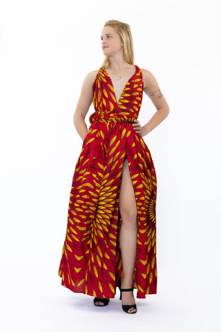 Robe longue multiway Infinity à imprimé africain rouge/jaune soleil