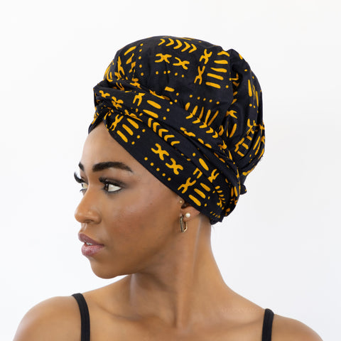 Turban facile - Bonnet en satin - Noir / jaune Bogolan
