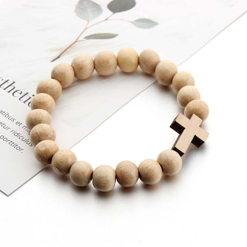 Bracelet africain - Bracelet en perles de bois - Croix - Crème