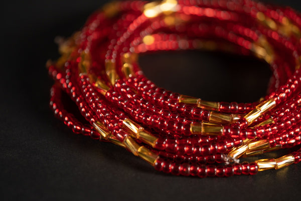 Waist Beads / Chaine de taille africaine - ESE - Rouge / Doré (élastique)