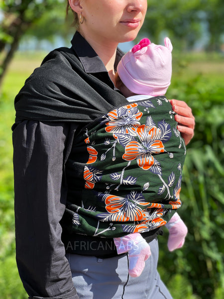 Porte-bébé / écharpe de portage imprimé africain - Fleurs vert foncé orange gold embellished