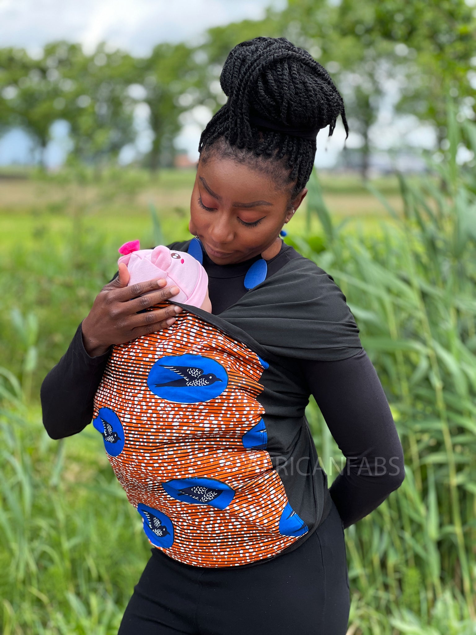 Porte-bébé / écharpe de portage imprimé africain - Speed bird Orange