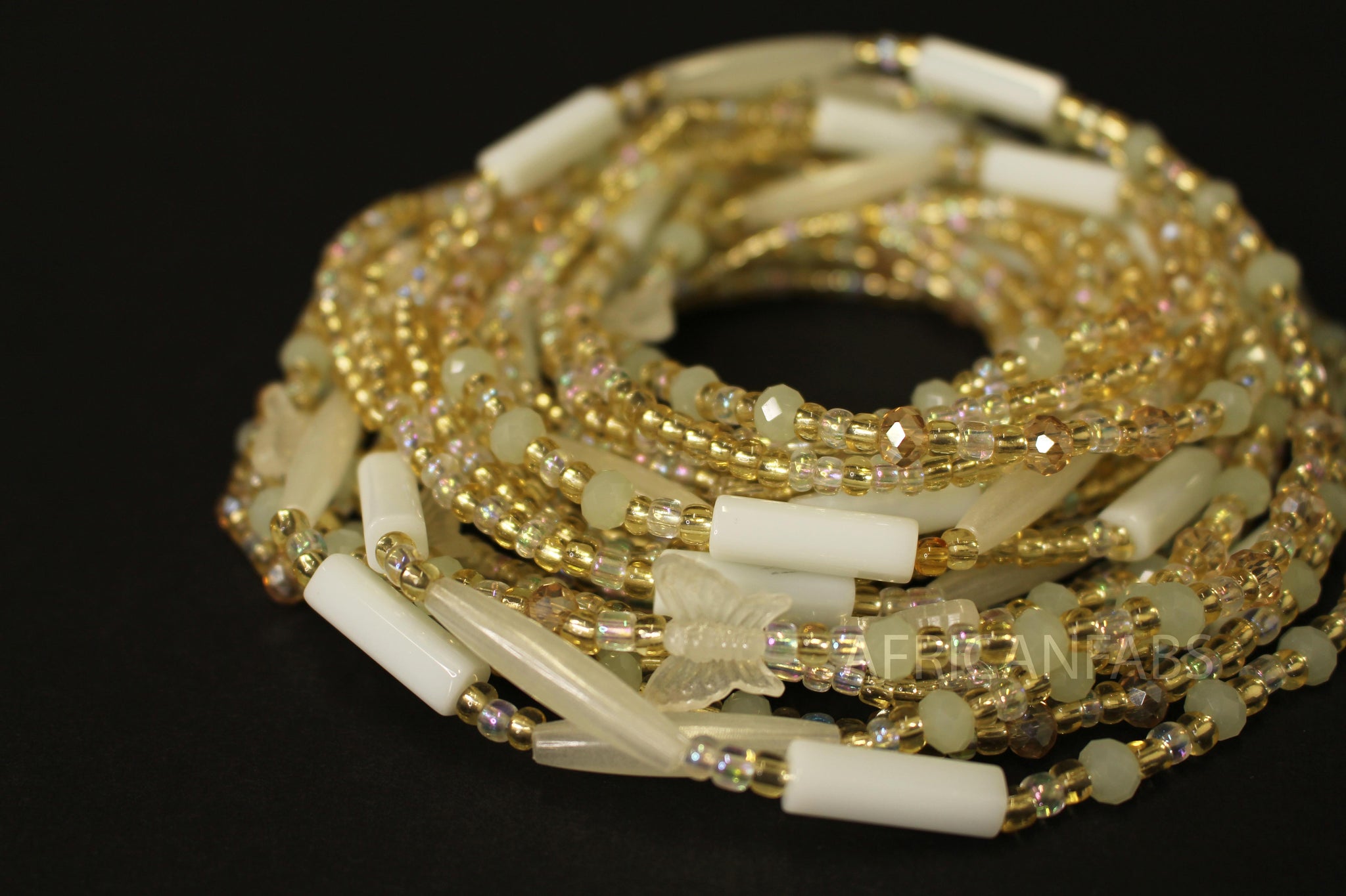 Waist Beads / Chaine de taille africaine - ISIUWA - Blanc - Brillant dans le noir (élastique)