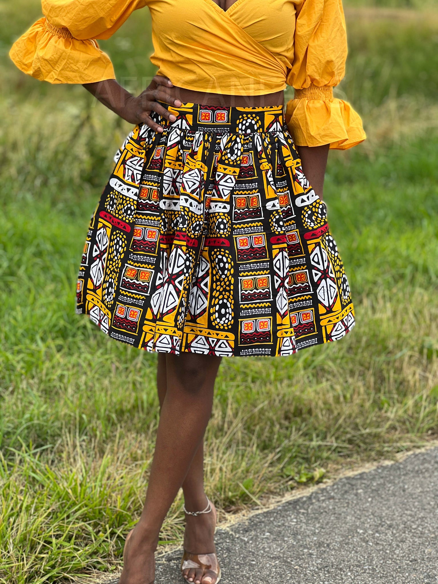 Mini-jupe à imprimé africain - Jaune Bogolan
