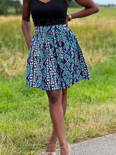 Mini-jupe à imprimé africain - Bleu / Turquoise Bogolan
