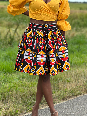 Mini-jupe à imprimé africain - Rouge / Jaune Bogolan