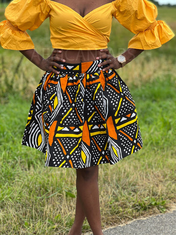 Mini-jupe à imprimé africain - Orange Bogolan