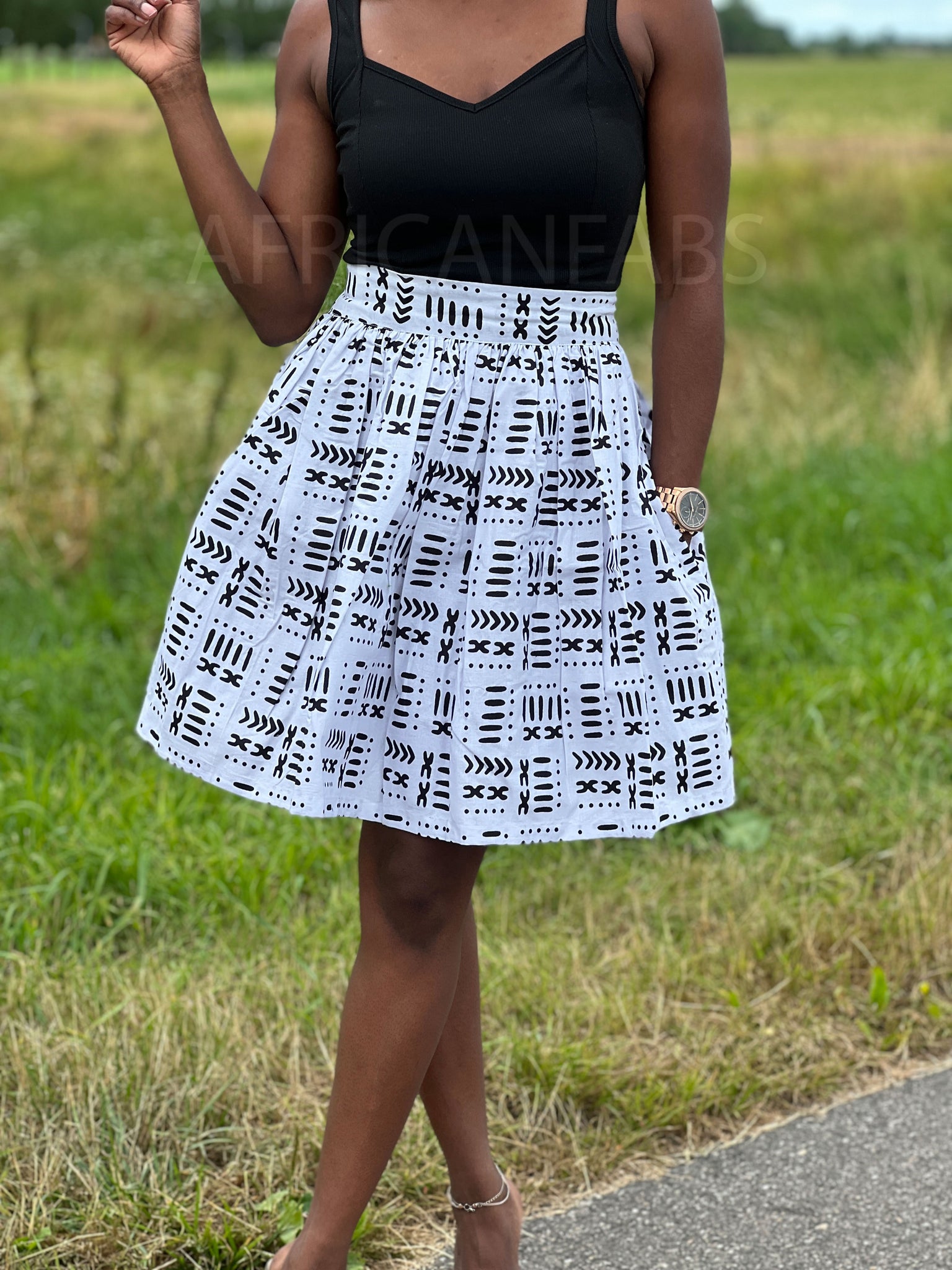 Mini-jupe à imprimé africain - Noir Bogolan