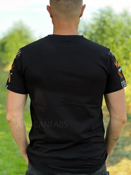 T-shirt avec détails d'imprimés africains - manches bogolan marron et poche poitrine