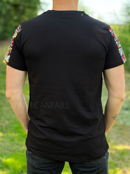 T-shirt avec détails d'imprimés africains - manches bogolan rouge châtaigne et poche poitrine
