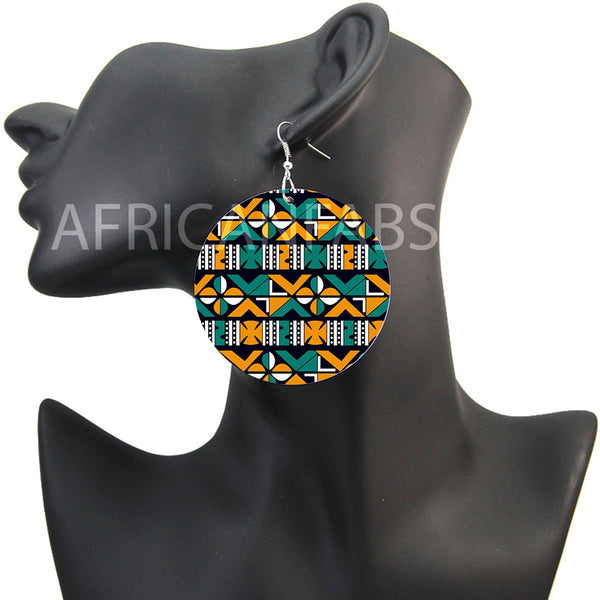 Turquoise / Jaune crosses mud cloth / bogolan | Boucles d'oreilles africaines