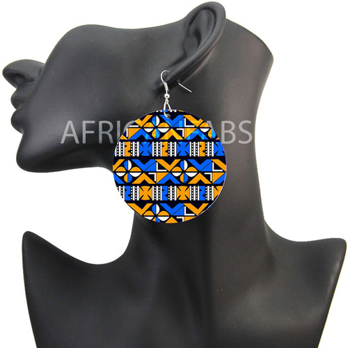 Bleu / Jaune crosses mud cloth / bogolan | Boucles d'oreilles africaines