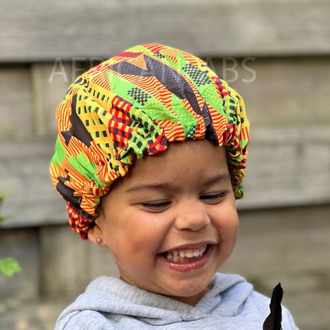 African Bonnet Kente imprimé pour les cheveux (Taille des enfants de 3 à 7 ans) ( Bonnet de nuit doublé de satin )