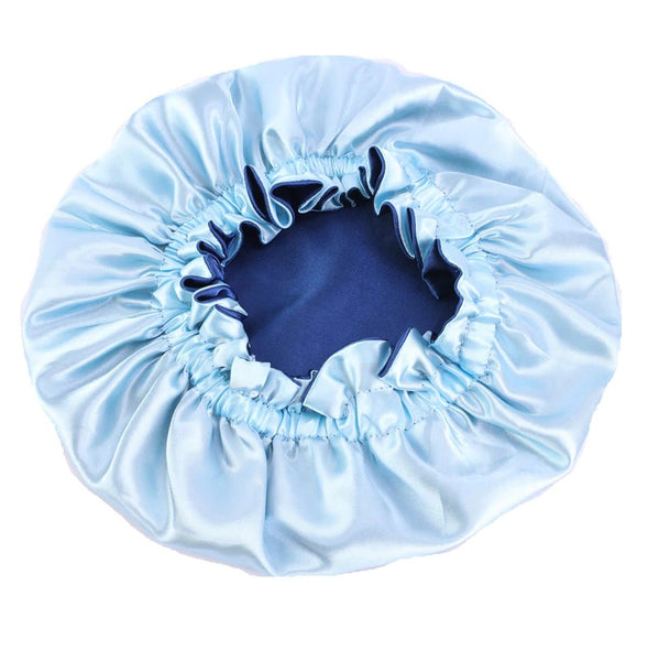 Bleu Bonnet en Satin (Taille des enfants de 3 à 7 ans) (Bonnet de nuit réversible en satin)