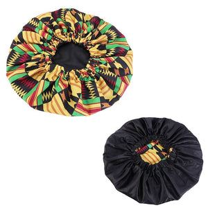African Noir / Jaune Bonnet Kente imprimé pour les cheveux ( Satin lined  reversable Night sleep cap )