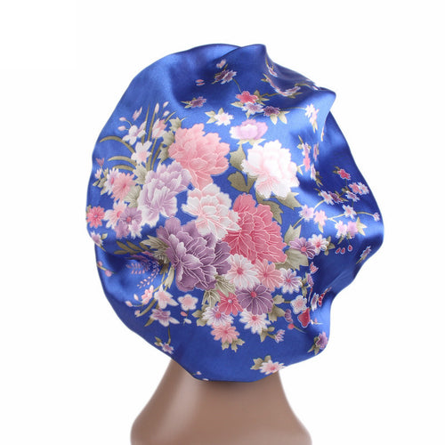 Bonnet Satin Hair à fleurs roses bleues ( Bonnet de nuit Satin )