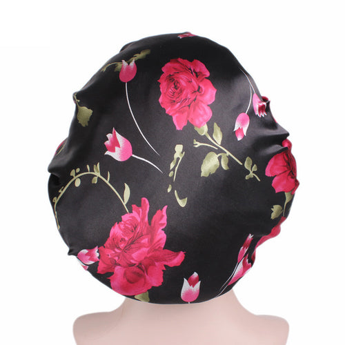 Fleurs roses noires Bonnet en Satin ( Bonnet de nuit en satin )