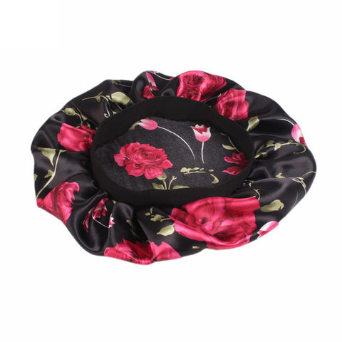 Fleurs roses noires Bonnet en Satin ( Bonnet de nuit en satin )