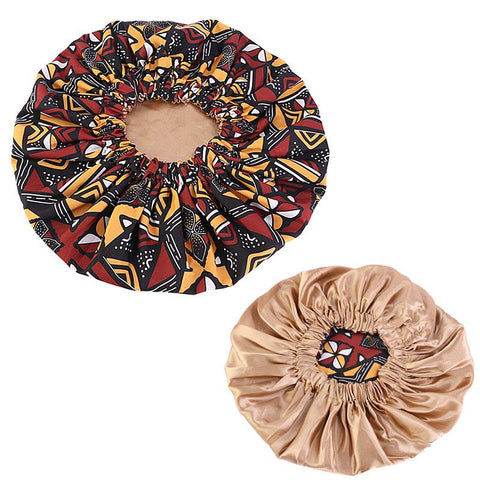 Tissu de boue africaine / Bonnet à cheveux imprimé Bogolan (Bonnet de nuit réversible doublé de satin)