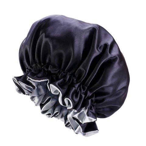 Noir / Gris Bonnet en Satin avec bordure ( Bonnet de nuit réversible en satin )