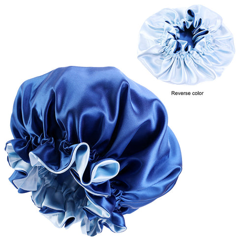 Bleu Bonnet en Satin avec bordure ( Bonnet de nuit réversible en satin )