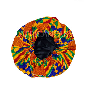 Bonnet de nuit à imprimé africain - Orange / bleu Kente ( Coton avec doublure en satin )