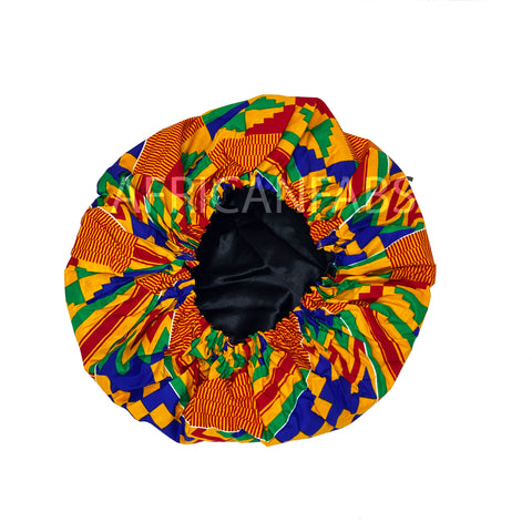 Bonnet de nuit à imprimé africain - Orange / bleu Kente ( Coton avec doublure en satin )