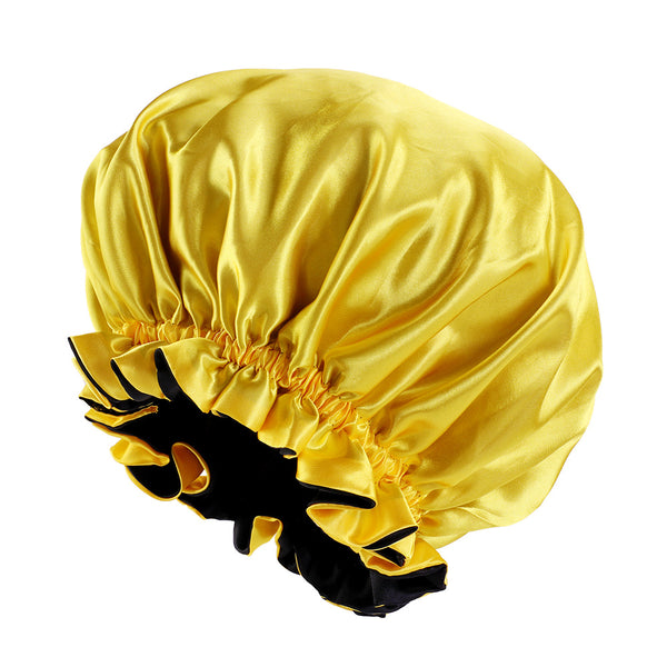 Jaune / Noir Bonnet en Satin avec bordure ( Bonnet de nuit réversible en satin )