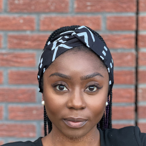 Bandeau imprimé africain (Coupe ample) - Adultes - Accessoires pour cheveux - Noir Bogolan