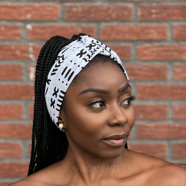 Bandeau imprimé africain (Taille plus grande) - Adultes - Accessoires pour cheveux - Blanc Bogolan